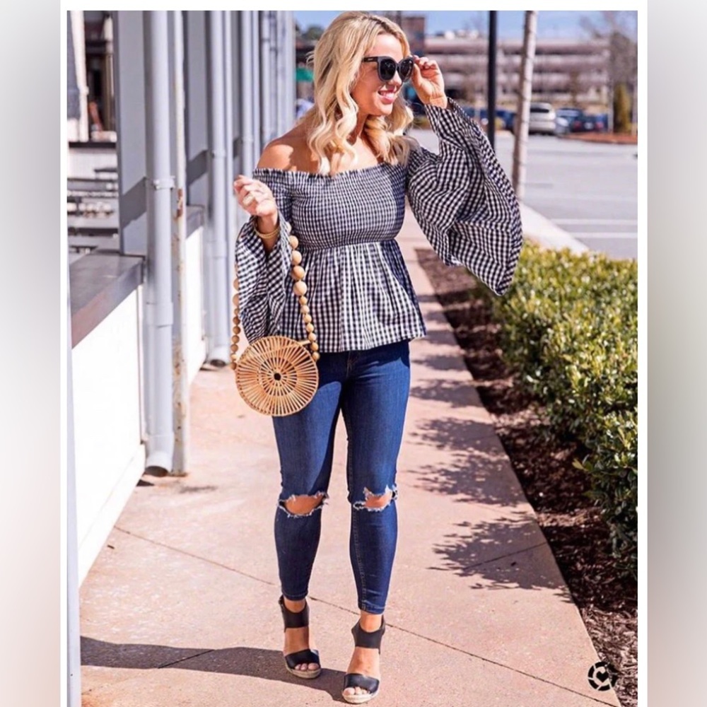 BP SMOCKED GINGHAM RUFFLE SLEEVE OFF THE SHOULDER TOP- SIZE S